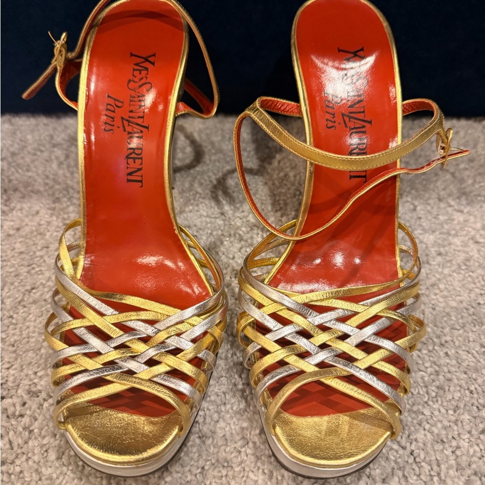 Yves Saint Laurent Strappy Gold and Silver Heels